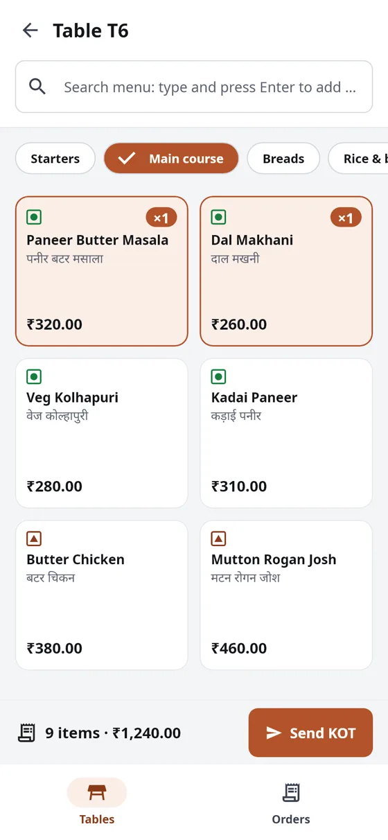 The captain app on an Android phone, taking an order for a table.