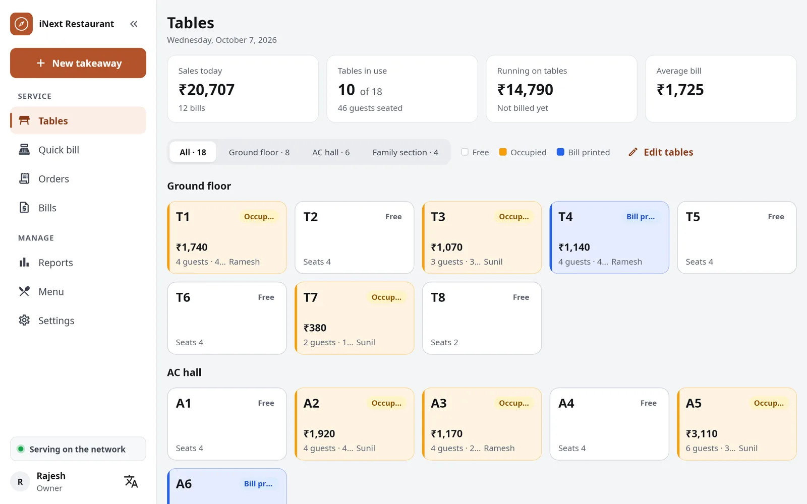 RestroCompass POS: the table view of a restaurant, with tables free, occupied and billed.